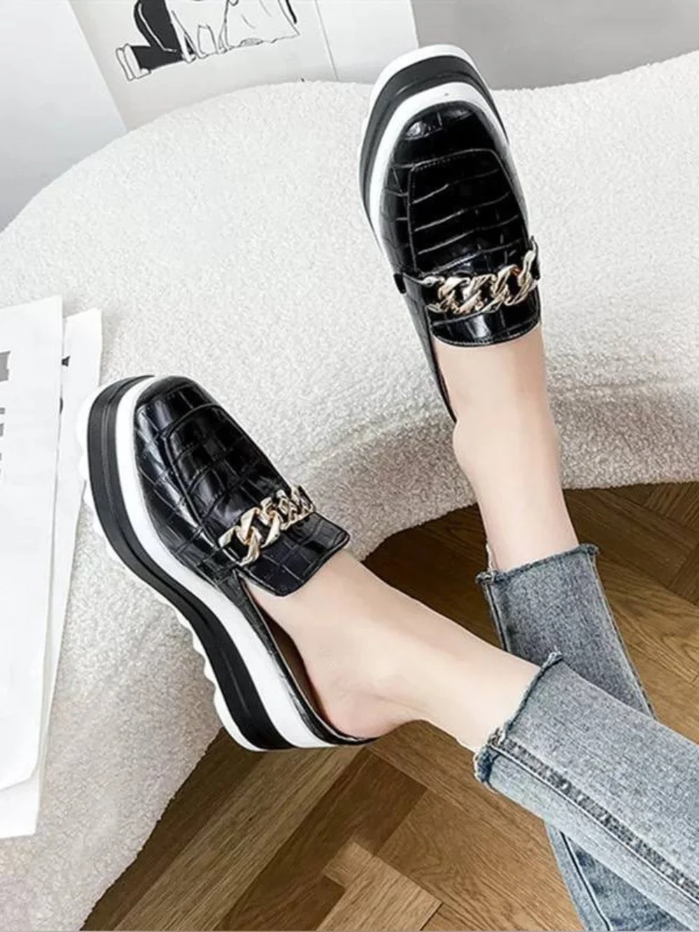 Black Platform Loafers with Gold Chain Accent - Picture 5 of 9